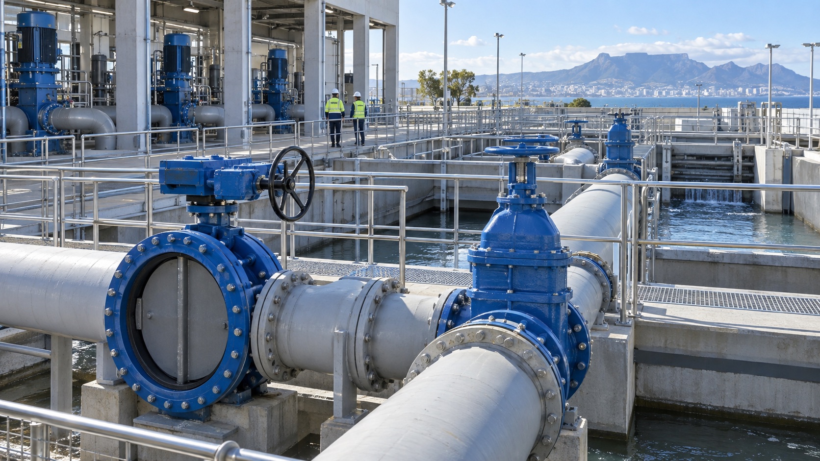 Industrial valves installed at an overseas water treatment facility