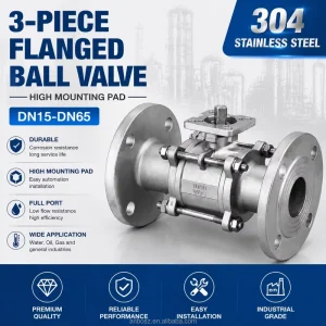 3 Piece Flanged Ball Valve 304 Stainless Steel High Mount Pad Full Port 1000WOG DN15-DN65 Industrial Ball Valve Water Oil Gas