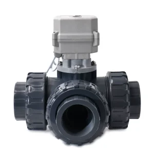 A150 Series 3 Way DN15 1/2” NPT CR303 12V 24V Plastic PVC Electric Ball Valve with Manual Override OEM EPDM Sealing