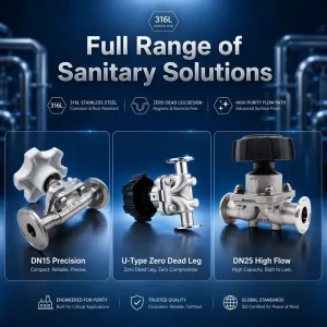 ASME BPE 316L Sanitary Diaphragm Valve U-Type Zero Dead Leg DN15 DN20 DN25 PN16