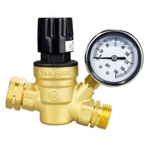 Adjustable Lead Free Brass RV Pressure Regulator Reducing Valve with Gauge Inlet Screened Filter for Camper and Plumbing