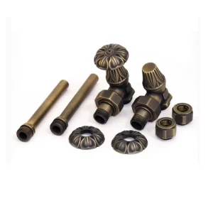 Angled Antique Brass Traditional Thermostatic Valve Set for Cast Iron Radiators