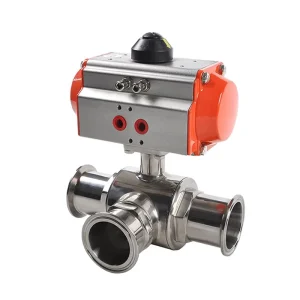 COVNA 3 Way Tri Clamp Sanitary 304 Stainless Steel Pneumatic Actuated Food Grade Ball Valve