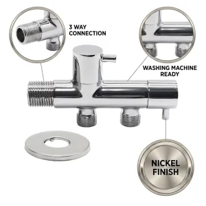 D4039 Brass 3-Way Angle Valve for Washing Machine and Dishwasher Water Tap Quarter-Turn Nickel