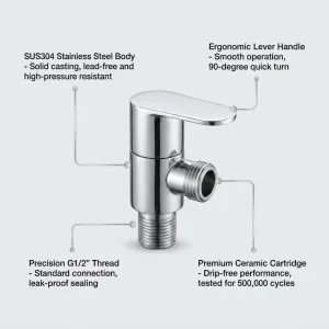 Modern Design 2 Way Angle Stop Valve High Pressure Stainless Steel Toilet Water 1 2″ for Bathroom Easy Installation