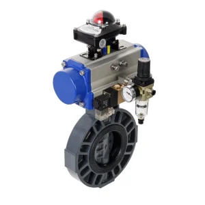 PN10 Wafer PVC Butterfly Valve with Pneumatic Actuator for Water Media 4~6bar Air Supply and Hand Wheel