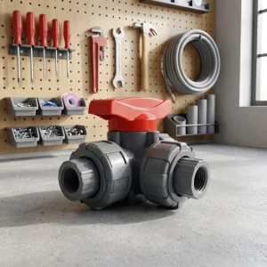 Plastic 3 Way Ball Valve CPVC Body Red Lever Handle DN25-1″ Industrial Fluid Control