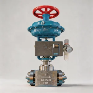 Pneumatic Globe Control Valve 1″ 2500LB Super High Pressure PTFE Seal A182 F304 Forged Stainless Steel 2-Way Chlorine Service