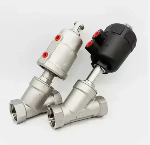 Pneumatic Stainless Steel 2-Way Angle Seat Valve with PTFE Seal, Female Thread, 1/2″-4″ Port Size