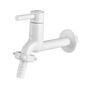 Single Cold Water Wall-Mounted Faucet with White Plastic Handle and Ceramic Valve Core for Bathroom Basin