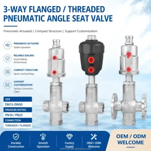 Stainless Steel 3-Way Pneumatic Angle Seat Valve Flanged Threaded High Temperature On-Off Control Valve