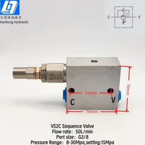 VS2C G3 8 Direct Acting Sequence Pressure Control Valve Zinc Plated Steel Body In Line G3 8 350bar 40 50 L min Flow BUNA N Seals