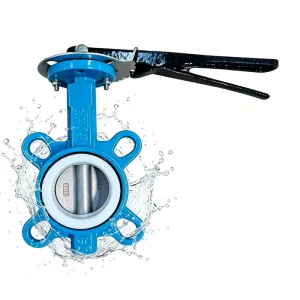 Wafer Ductile Iron Butterfly Valve SS304 Metallic Disc Handle Operated Blue Epoxy Connection PN16 Concentric Network