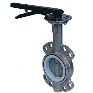 Wafer Type Butterfly Valve, Stainless Steel PTFE Lined Soft Seal Valve with Manual Lever for Chemical Industry, DN50-DN300 PN16