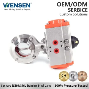 Wensen 304 316 Hygienic Stainless Steel Weld type Butterfly Valve with Pneumatic Actuator Head for Fluid Control